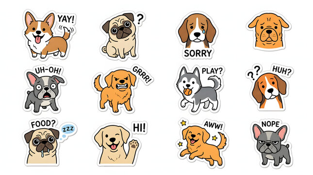 Cute puppy stickers vector set with various emotions and speech bubbles for design