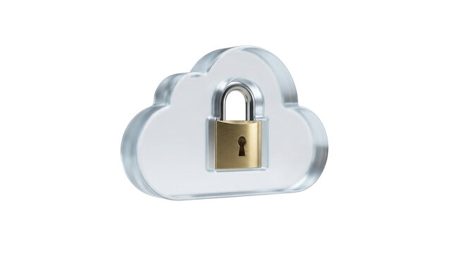 Cloud Security Icon: A transparent cloud emblem safeguards digital information with a prominent golden padlock, symbolizing data protection and secure cloud storage.