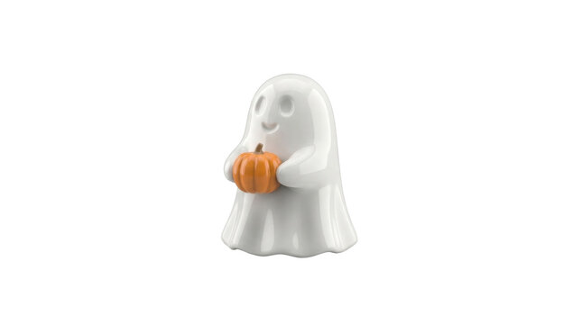 Adorable Ceramic Ghost Holding Pumpkin: A charming white ceramic ghost figurine with a smiling face, holding a small, bright orange pumpkin, evoking a playful and festive Halloween spirit.