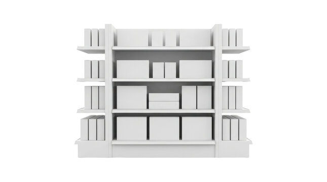 Blank Product Display Shelf: An empty retail display shelf unit, filled with white boxes, stands ready for merchandise presentation in a clean, minimalist setting.