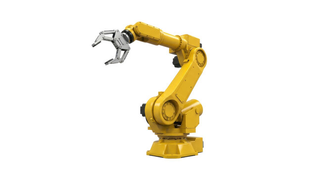 Industrial Robot Arm: A yellow robotic arm with a metallic claw is depicted in a neutral pose, ready for action in an industrial setting.