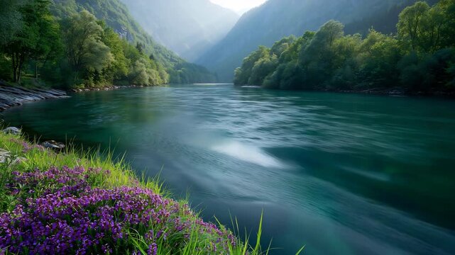 Fast river flowing between forested mountains with purple blooms