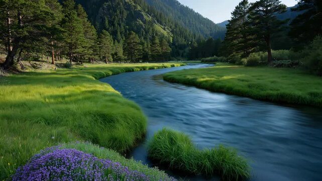 Slow river curving through grassy meadow with pine forest