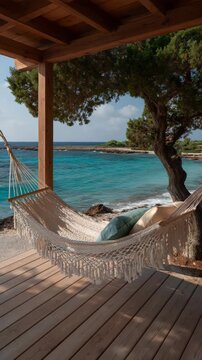 Hammock suspended on wooden porch by turquoise sea