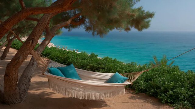 Fringed hammock with pillows overlooking turquoise coastal sea
