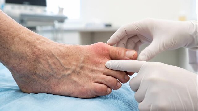 Doctor Examining Swollen Big Toe with Gout Inflammation