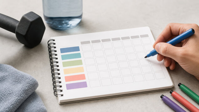 Fitness routine planner with colorful chart and pen on desk, water bottle and dumbbell nearby for motivation and organization