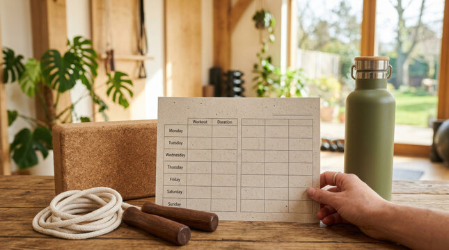Gym planning chart for weekly workout routine with jump rope cork yoga block and water bottle on wooden table in bright home gym