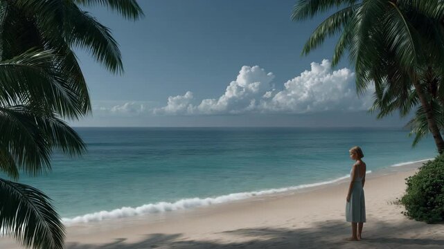 Woman standing on shoreline overlooking calm tropical sea