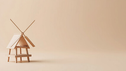Obraz premium Minimalist Miniature Wooden Windmill Architecture Model on Neutral Beige Background