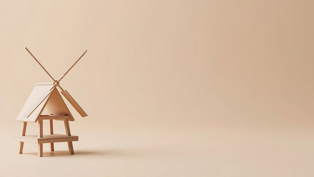 Minimalist Miniature Wooden Windmill Architecture Model on Neutral Beige Background