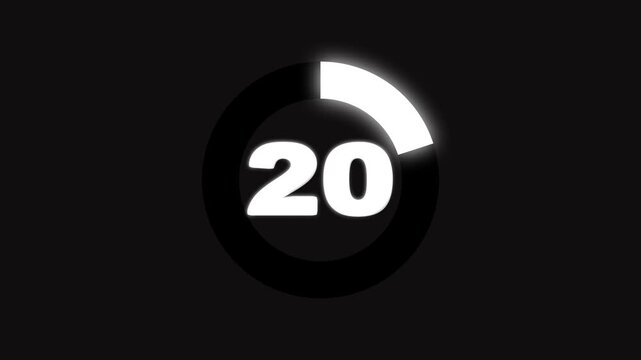Simple animation of 20 seconds countdown timer circle on black background, 4 k animation