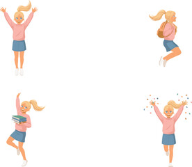Happy Blonde School Girl Character Set Jumping with Backpack and Books Celebrating Academic Success with Confetti Isolated Vector Illustration
