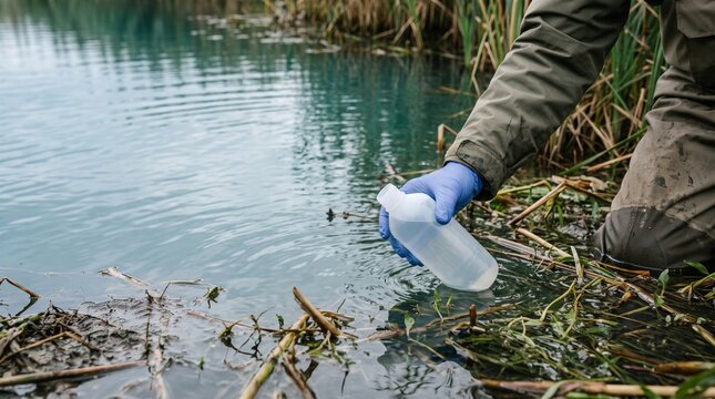 Field scientist collects an eDNA water sample in reeds