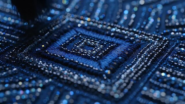 Blue beaded embroidery pattern showing intricate square geometric handcraft design