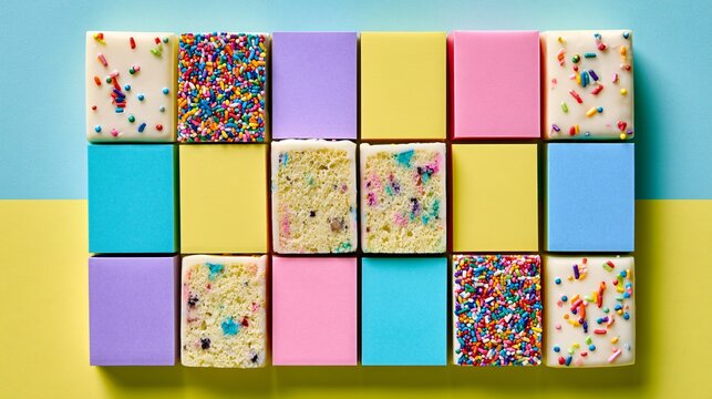 A geometric composition featuring wacky cake arranged within a perfectly balanced grid structure