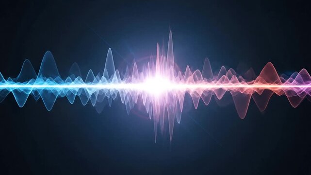 Blue and red digital audio wave pulsing with central white light flare.