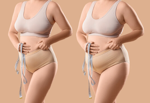 Woman pinching belly fat with a measuring tape, weight loss and body transformation concept, before and after comparison