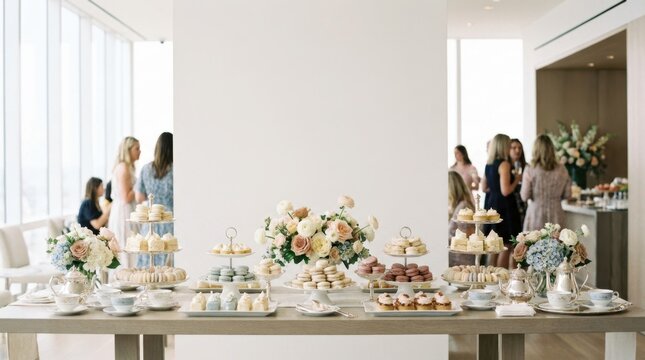 Elegant dessert table setup with tiered pastries and floral arrangements for a gathering