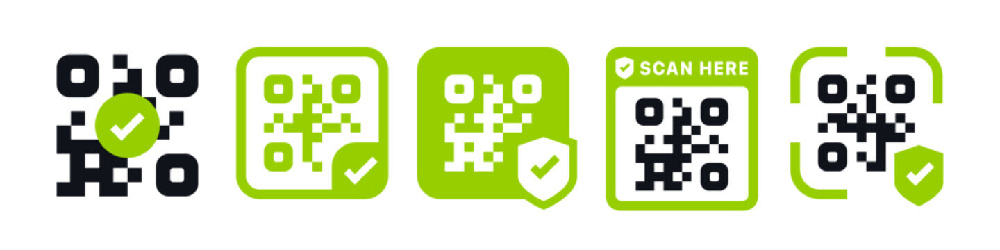 Secure QR code icon set. It includes green check safe scan, secure online payment, and more icons. Solid symbol vector illustration.