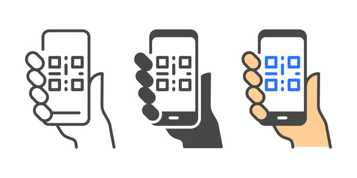 Hand holding QR code icon set. It includes scan, online, payment, and more icons. Solid Line and flat color symbol vector illustration.