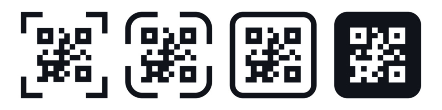 QR code icon set. It includes scan, online, payment, and more icons. Solid symbol vector illustration.