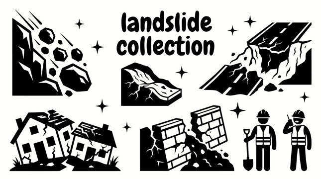 landslide disaster elements featuring falling rocks unstable hills collapsed roads damaged houses retaining walls emergency crews warning signs and geological hazard vector illustration set