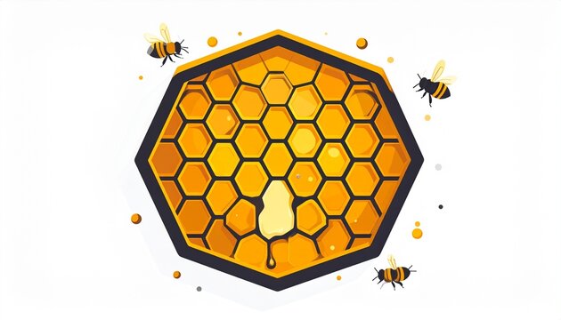 Colorful Honeycomb with Bees and Honey Drops Illustration.