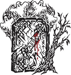 Fototapeta premium Sinister ghost spirit swirling around a cracked stone grave marker halloween tribal vector illustration