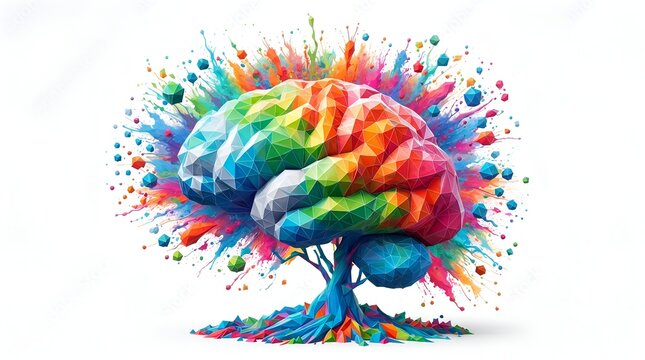 Creative brainstorming session symbolized by colorful exploding geometric brain tree representing artistic innovation and neurodiversity