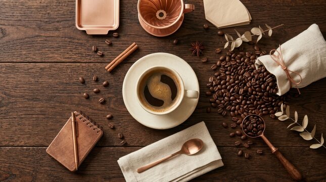 Aromatic coffee brewing setup with beans, cup, and copper accessories on wood