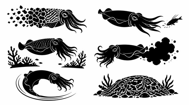 Set of Cuttlefish Silhouettes in Various Underwater Poses