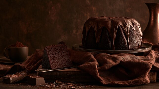 A monochromatic chocolate-toned composition emphasizing the rich brown colors of wacky cake