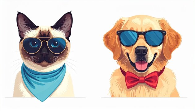 Siamese cat and golden retriever wearing sunglasses and accessories.