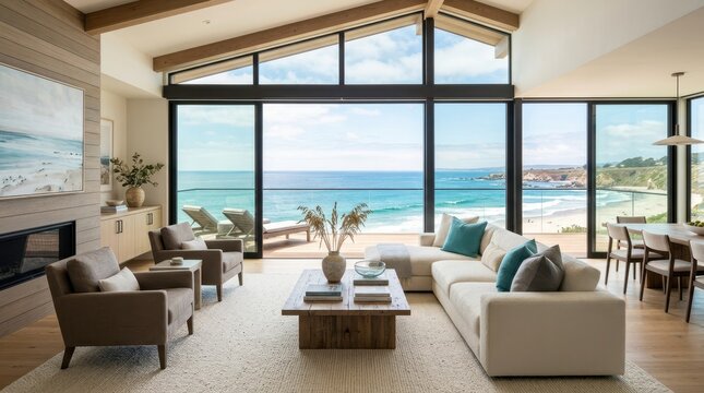 Modern living room with ocean view and comfortable seating