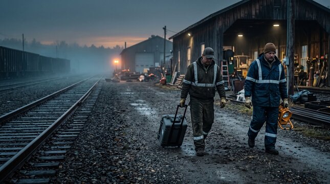 Rail crew ends a night shift beside a rural maintenance shed