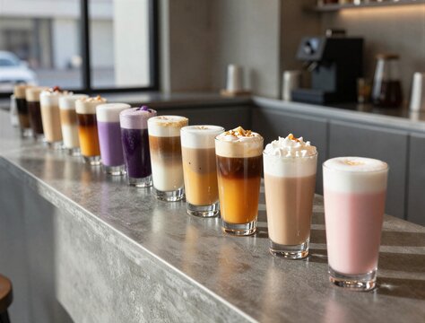 Row of assorted layered lattes displayed on cafe counter