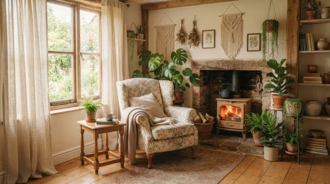 Cozy living room with a floral armchair, fireplace, and abundant houseplants
