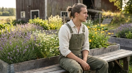 Fototapeta premium Young man in overalls sitting on a bench in a lush garden with flowers