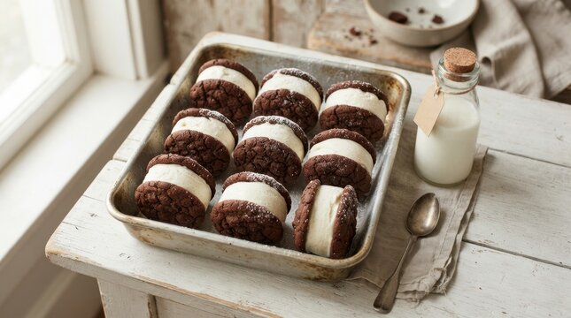 Homemade chocolate ice cream sandwiches dusted with powdered sugar