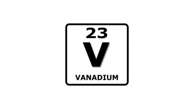 Vanadium, chemical element of the periodic table graphic animation. Alpha channel. Transparent background motion design. 4K resolution