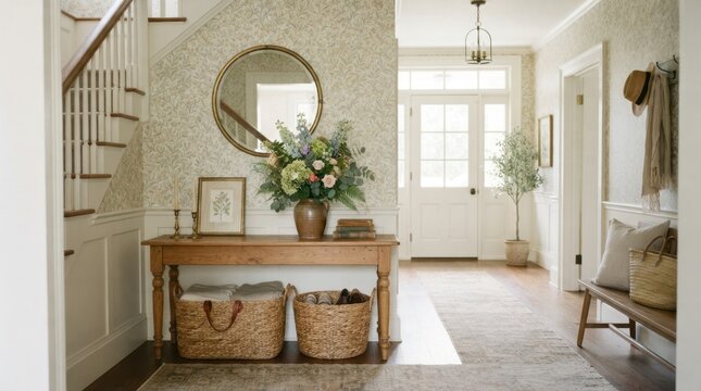 Charming entryway with floral wallpaper, console table, and staircase