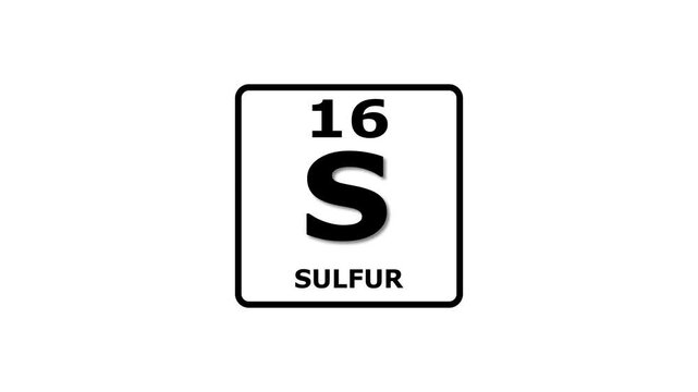 Sulfur, chemical element of the periodic table graphic animation. Alpha channel. Transparent background motion design. 4K resolution
