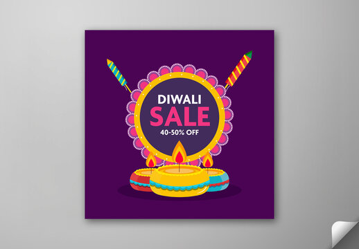Editable Diwali Festival Sale Social Media Post with 40 to 50 Percent Discount, Decorative Diyas and Firework Rockets on Purple Background.