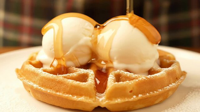 Waffle with vanilla ice cream scoops drizzled with golden syrup on a white plate