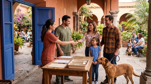 Pet owners arrive at a community vaccination courtyard clinic