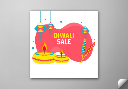Editable Diwali Festival Sale Social Media Post with Lit Diya, Hanging Lanterns and Firework Rockets on White and Red Background.