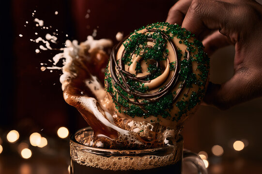 St. Patrick's Day Irish cream glazed donut being dunked into dark coffee