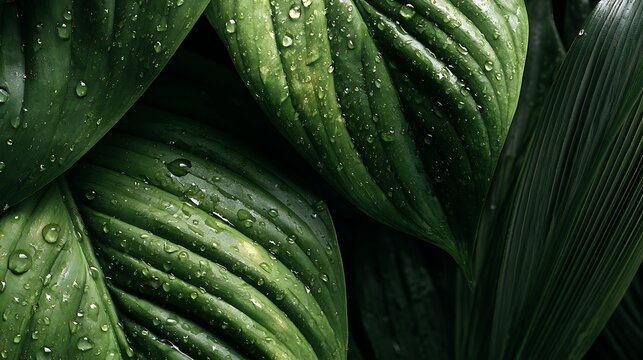 Close-up of green leaves with raindrops