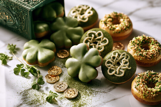 overturned green baker's box spilling shamrock donuts and gold coins